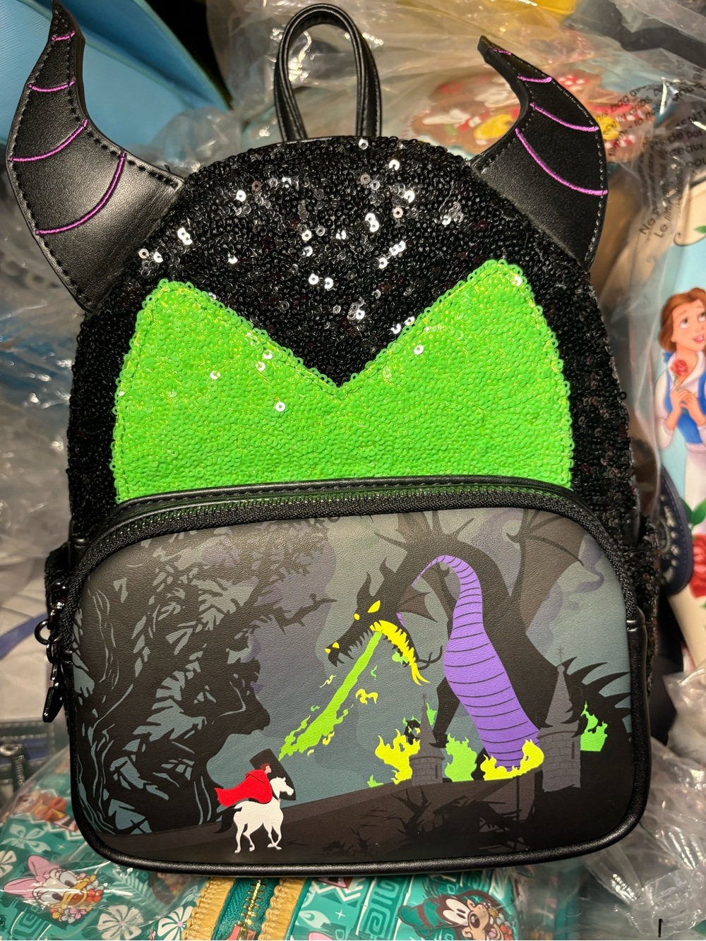 Loungefly Black Sequin & Neon Green Maleficent Dragon Mini Backpack